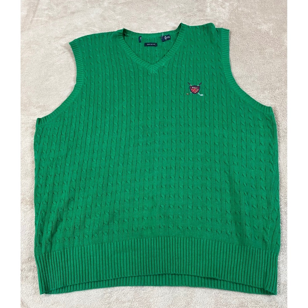Vintage Polo Ralph Lauren Cable Knit Golf Crest Vest Men's 2XL Green EUC